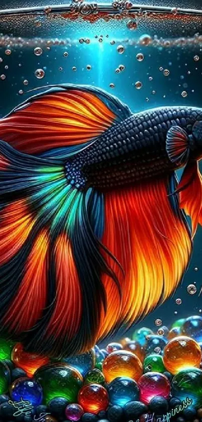 Vibrant Betta fish swimming surrounded by bubbles