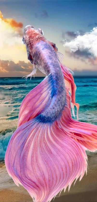 Vibrant Betta fish swimming at sunset on a scenic beach.