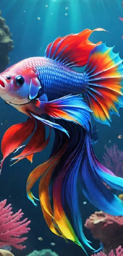 A vibrant and colorful betta fish among corals.