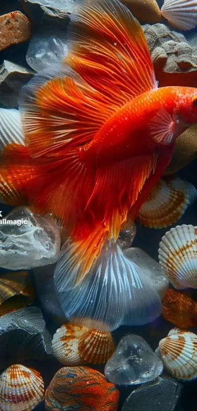 Vibrant orange Betta fish with seashells background.