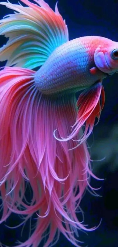 Vibrant pastel-colored betta fish with flowing fins on a dark background.