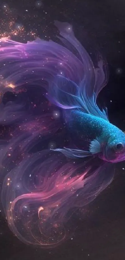 Vibrant digital art of a shimmering betta fish with purple and pink hues.