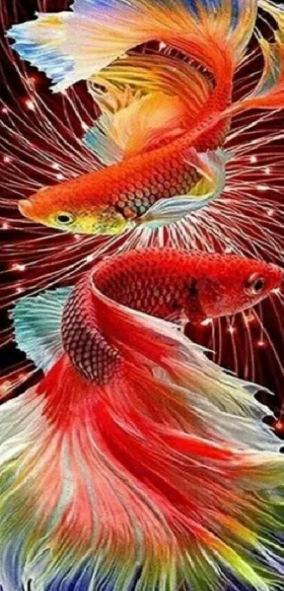 Vibrant betta fish with colorful, flowing fins on a dark background.