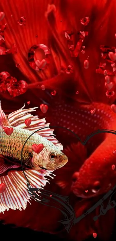 Betta fish with red hearts wallpaper design.