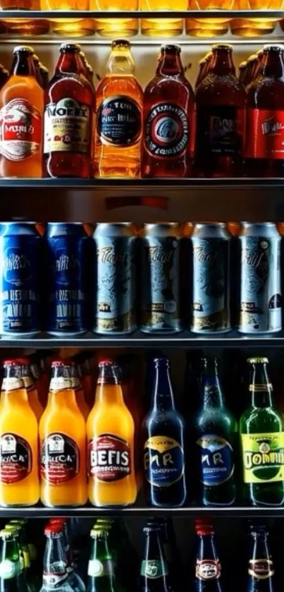 Assorted colorful bottled drinks in a fridge.