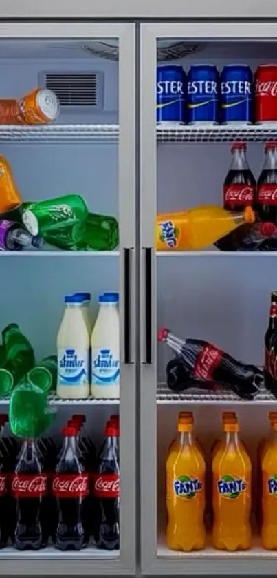 Colorful assortment of soda bottles in a refrigerator.