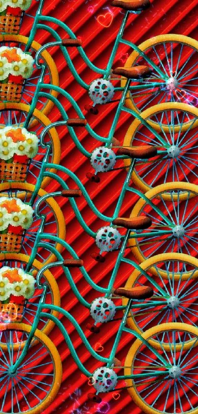 Vibrant bicycle art on a red background wallpaper.