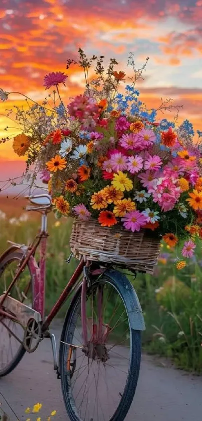 Bicycle with a vibrant basket of flowers against a sunset sky.