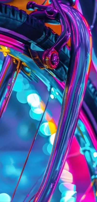 Colorful and vibrant bicycle wheel in abstract neon light.