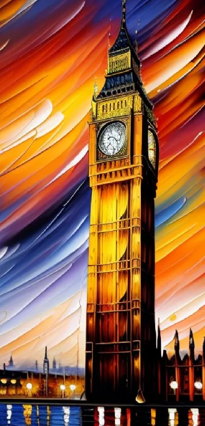 Vivid artwork of Big Ben with swirling sky in orange and blue.