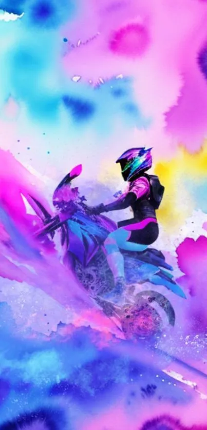 Vibrant artwork of a motorbike rider in pink, blue, and purple hues.