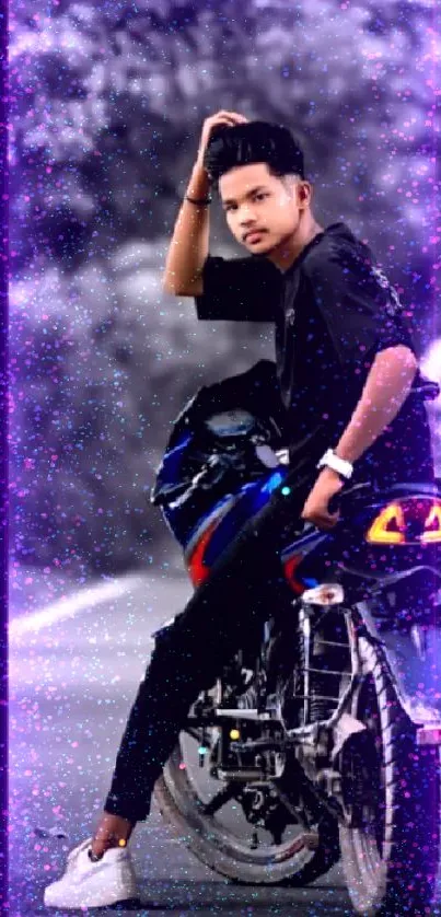 Biker with neon purple effects on a motorcycle.