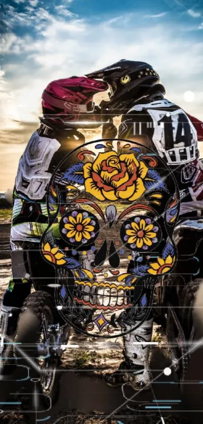 Biker duo on motorcycles with a floral skull design, set against a sunset backdrop.