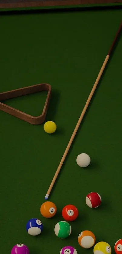 Green billiards table with colorful balls and cues on display.