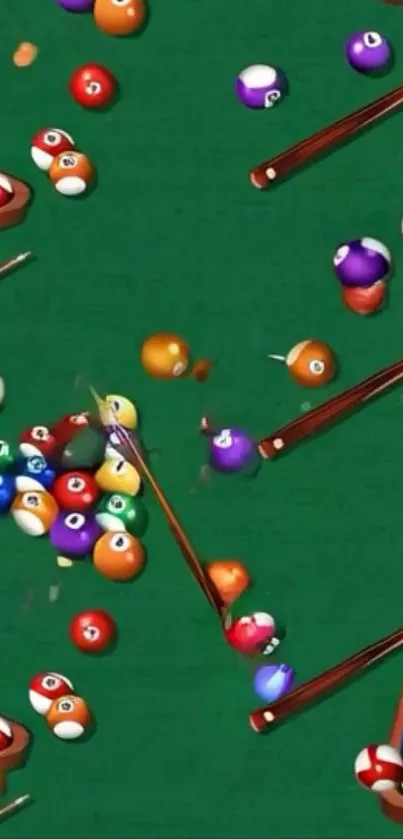Colorful billiards table with pool balls and cues on green felt.