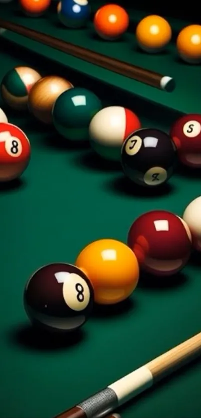 Colorful billiards table with cues and balls.