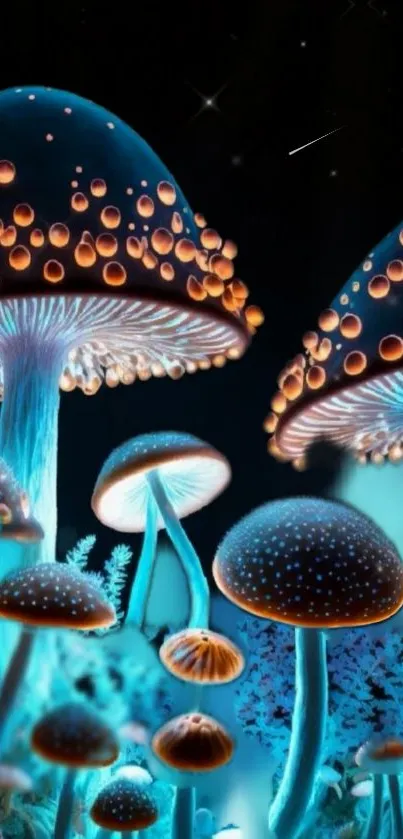 Vibrant bioluminescent mushrooms glowing in a fantasy setting.