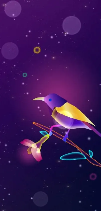 Colorful bird on branch with starry night sky backdrop.