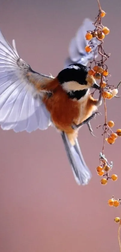 Bird in flight among berries, vibrant nature scene.