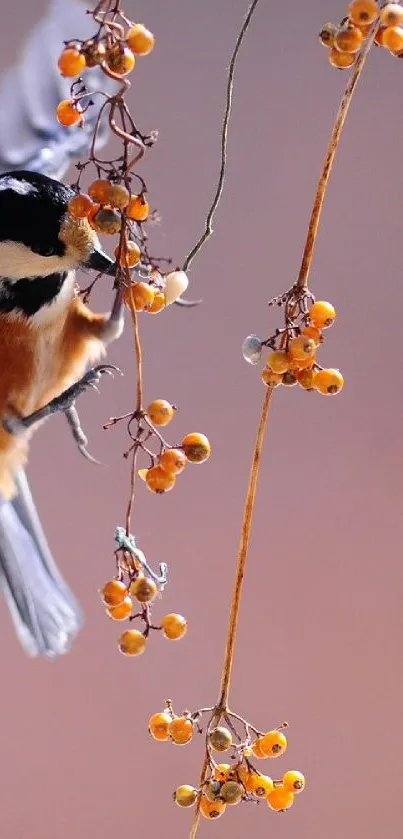 Beautiful bird perched among orange berries on a soft background.