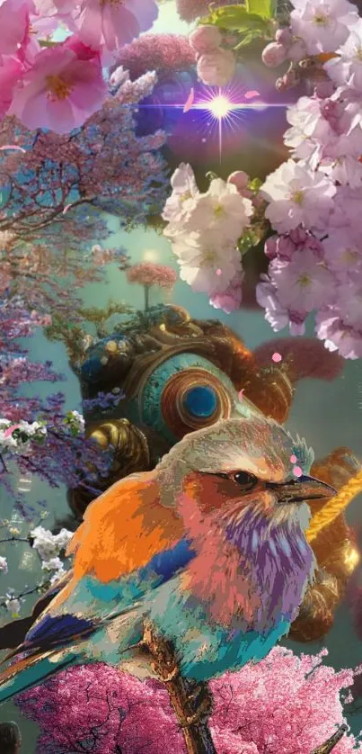 Colorful bird amid vibrant cherry blossoms in fantasy design.