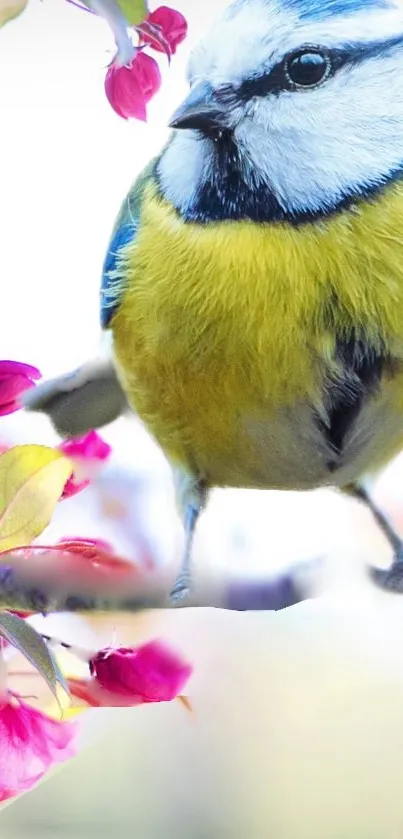 Colorful bird with pink blossoms wallpaper.