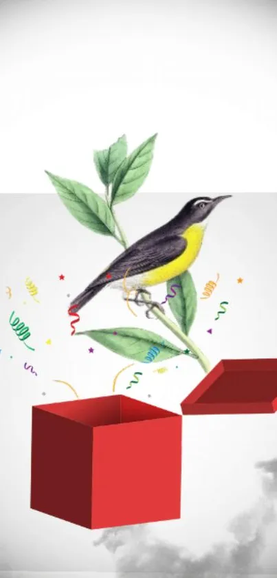 Colorful bird on branch emerging from a red box with confetti background.