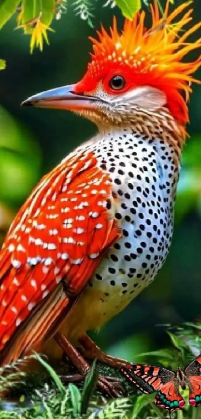 Vivid orange bird with butterfly on lush green background.