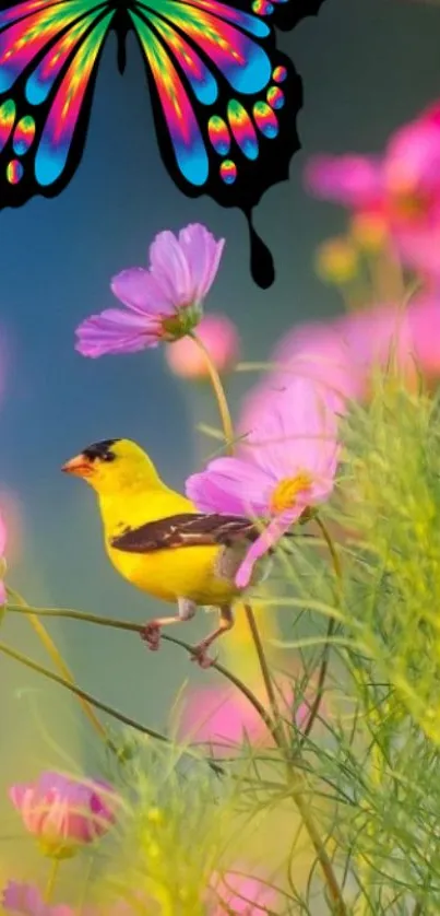 Yellow bird and butterfly among pink flowers.