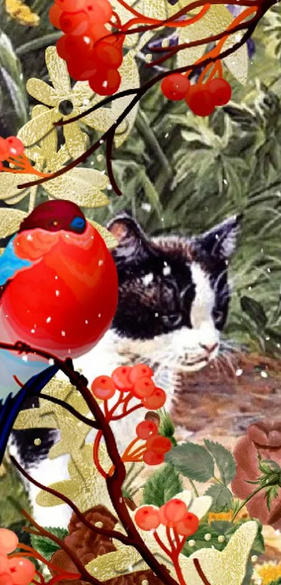 Vibrant red bird and black-white cat in lush green scenery.