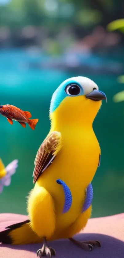 Colorful bird with a fish in vibrant natural setting.