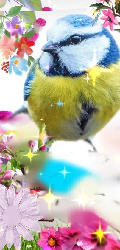 Colorful bird and floral design wallpaper with sparkles.