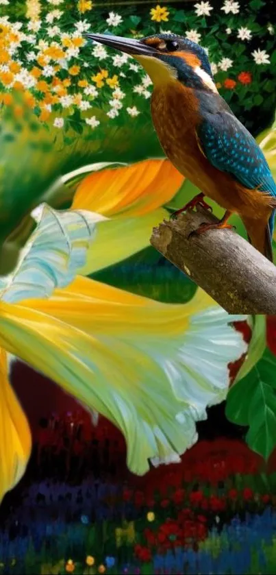 Colorful wallpaper with kingfisher and flowers.