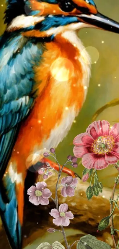 Vibrant bird with colorful flowers mobile wallpaper.