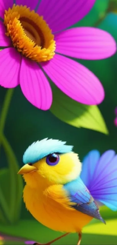 Brightly colored bird beside a vivid pink flower.