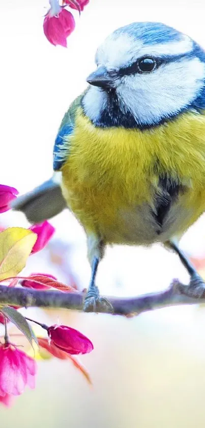 Blue and yellow bird sitting on a branch with bright pink flowers.