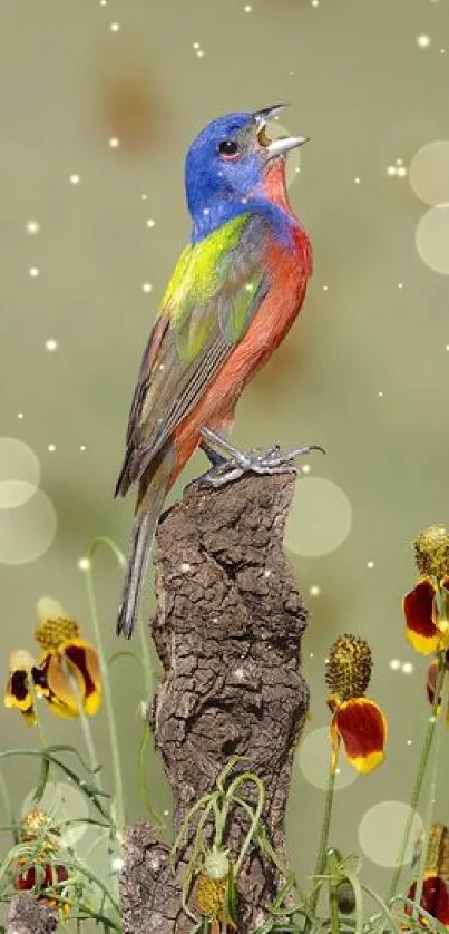 A colorful bird perched on a branch among vibrant wildflowers.