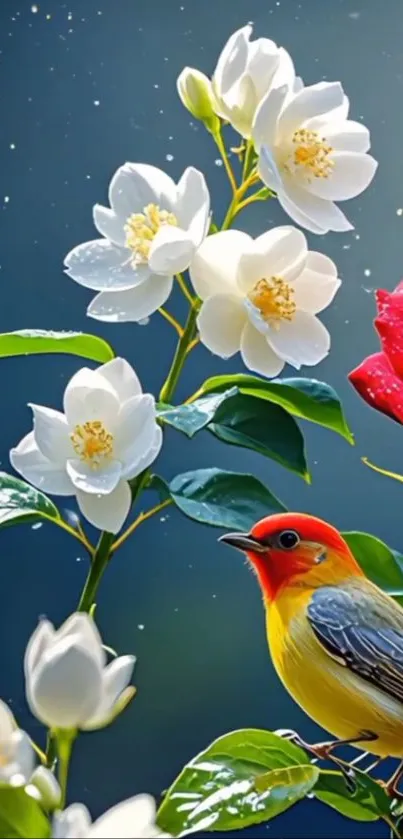 Vibrant bird with roses and jasmine flowers on a phone wallpaper.