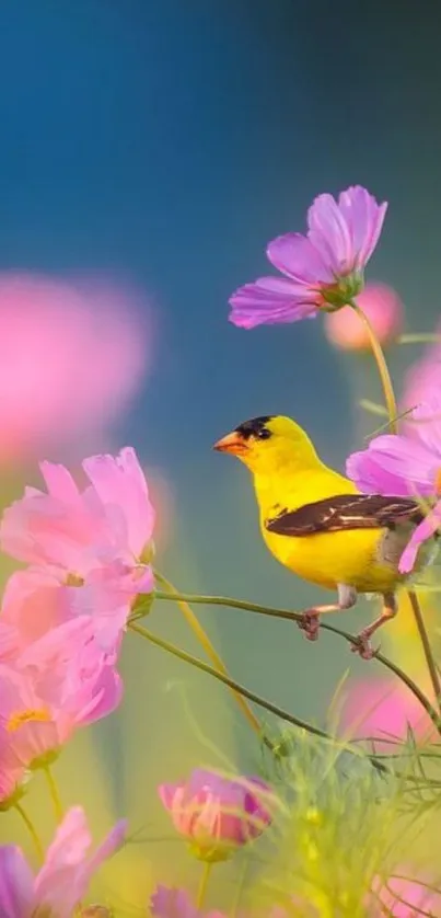 A vibrant yellow bird perched among pink flowers on a bright, colorful background.