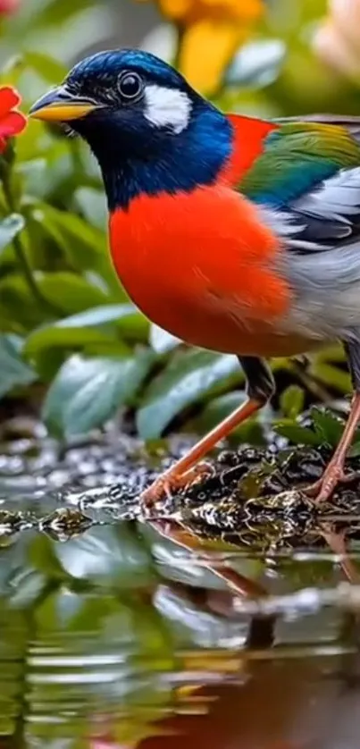 Colorful bird among vibrant flowers reflected in water.