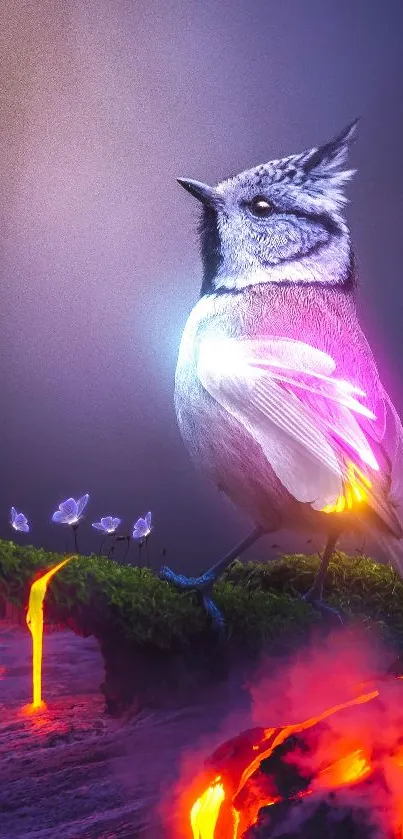 Vibrant bird perched near glowing lava flows in a fantasy setting.