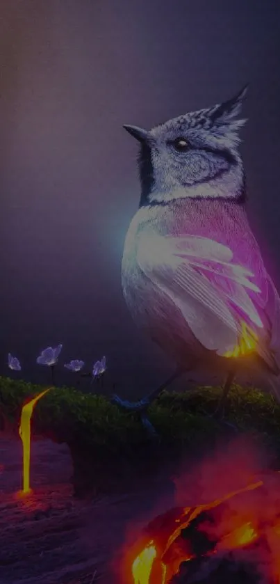 Illustrative wallpaper of a bird with glowing lava, vibrant and colorful.