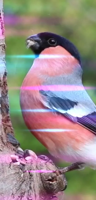 Colorful bird on tree with neon hues.