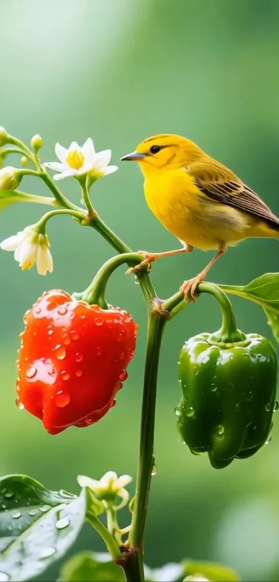 Colorful bird perched on bell peppers with lush green background.