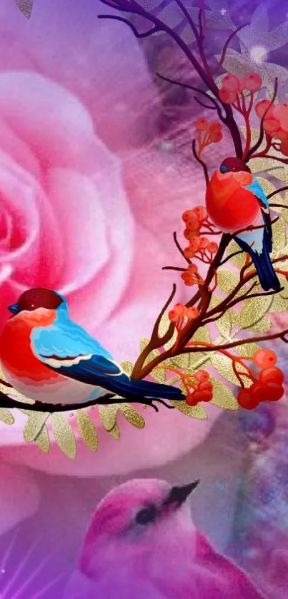 Colorful birds among roses wallpaper with vibrant pink hues.