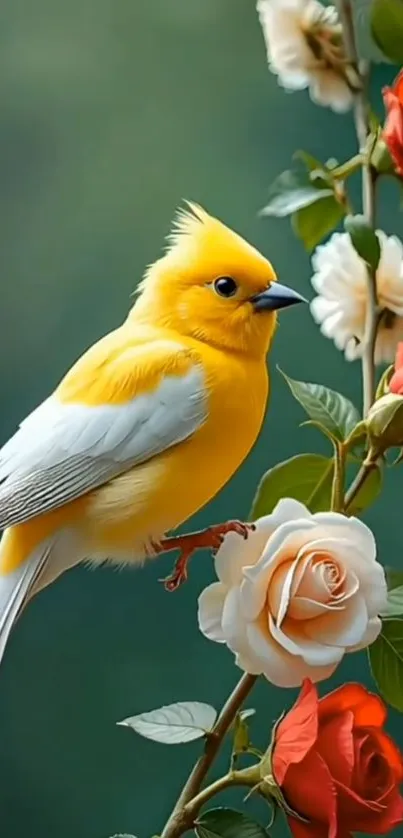 Yellow bird perched on rose branch in nature.