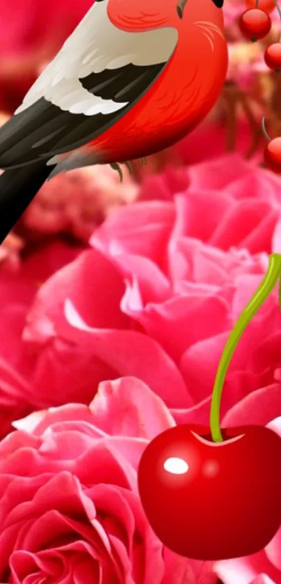 Colorful bird with red roses and cherry on wallpaper.