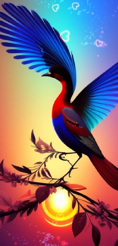 A vibrant bird spreads its wings against a colorful sunset on a mobile wallpaper.