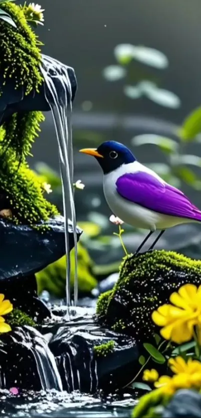 Colorful bird perched by a waterfall in a vibrant flower garden.