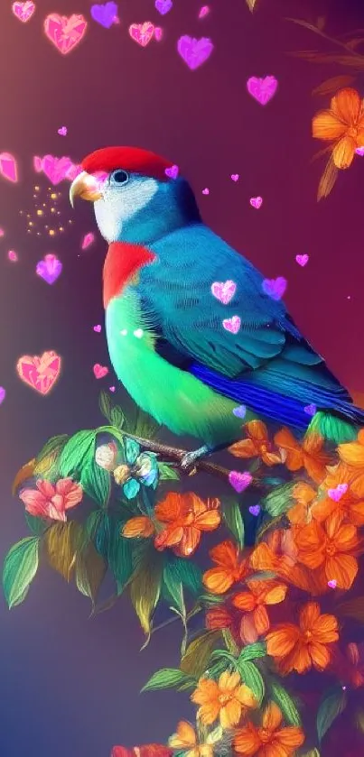 Colorful bird with vibrant flowers, art wallpaper.